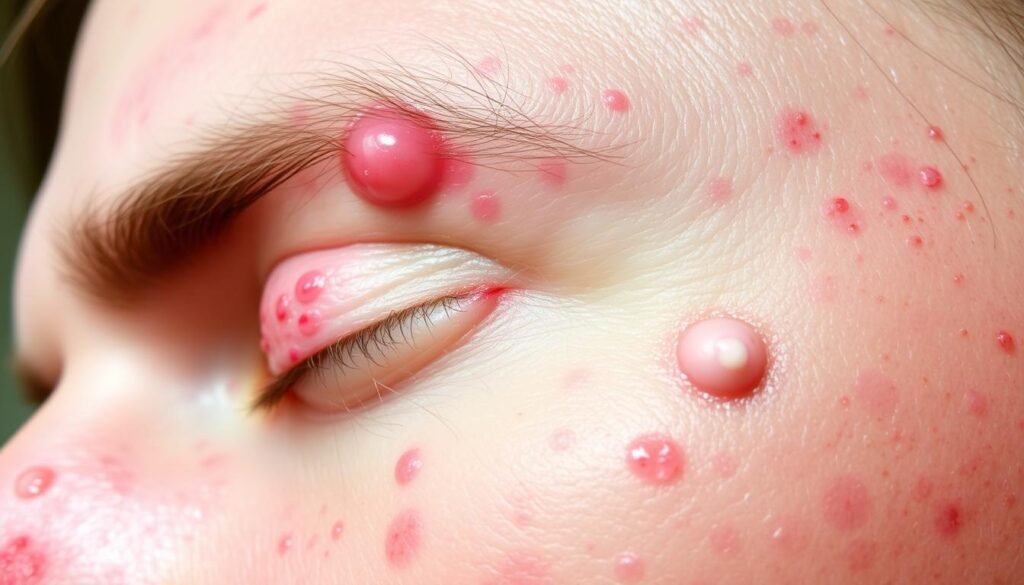 Types of acne including cystic acne on forehead and inflammatory acne.