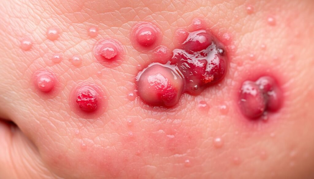 acne lesions including pustules and nodules